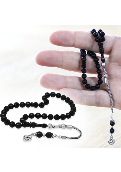 925 Ayar Gümüş Püsküllü Küre Kesim Bilek Boy Mavi Siyah Sıkma Kehribar Tesbih fiyatları