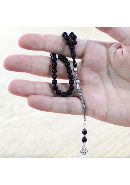 925 Ayar Gümüş Püsküllü Küre Kesim Bilek Boy Mavi Siyah Sıkma Kehribar Tesbih fırsatları