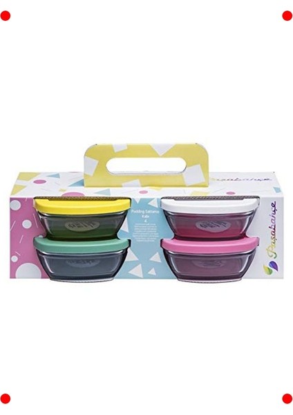 4 Parça Cam Saklama Kabı Seti - Renkli Kapaklı 310 cc