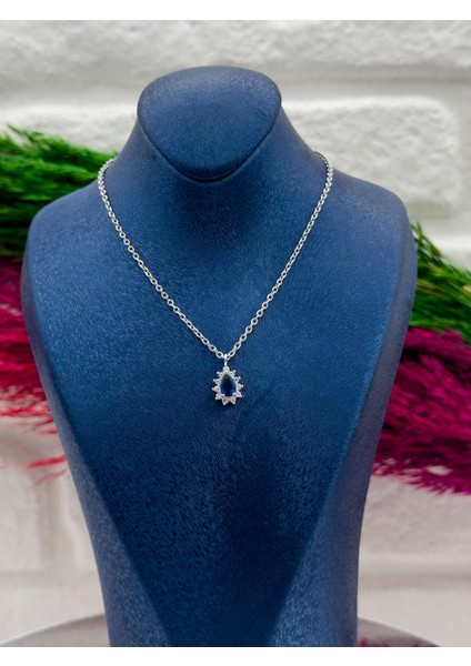 925 Ayar Gümüş Damla Safir Taşlı Lüks Kadın Kolye