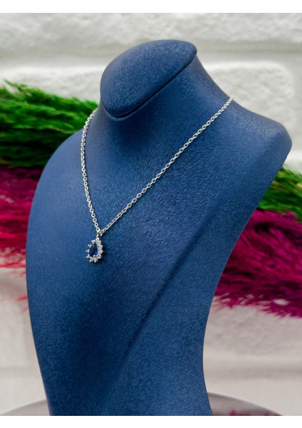 925 Ayar Gümüş Damla Safir Taşlı Lüks Kadın Kolye fiyatları