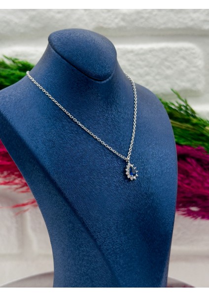 925 Ayar Gümüş Damla Safir Taşlı Lüks Kadın Kolye modelleri