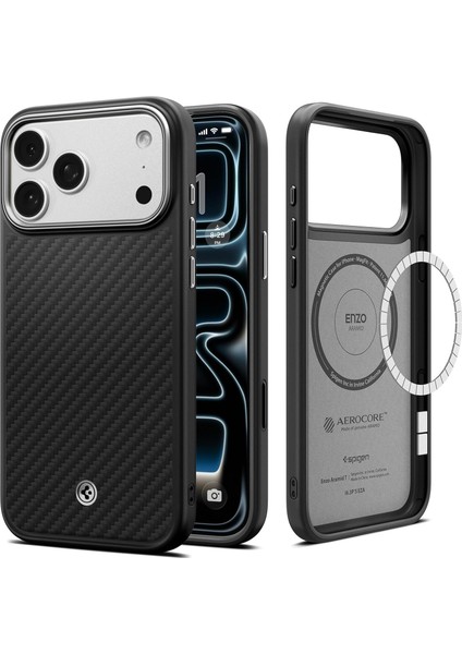17 Pro Max ile Uyumlu Magsafe Kılıf Enzo Aramid T Kamera Butonu Hava Kanalı Teknolojisi Askeri Sınıf Koruma Magfit Silver Dokulu Yüzey Kapak - ACS09905