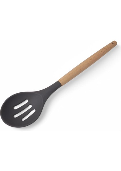 Bambu Saplı Silikon Delikli Servis Kaşığı, Bambu Uzun Silikon Delikli Servi Kaşığı 27CM 3 Renk Seçenekli (Siyah)