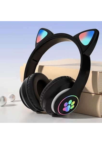 H10 Cat Kedili LED Işıklı Kafaüstü Bluetooth Kulaklık (Siyah)