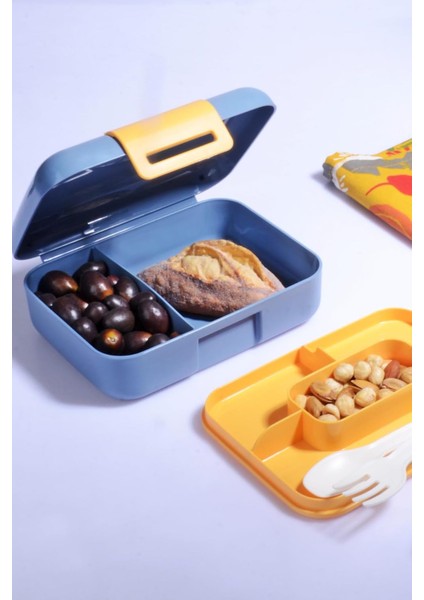 Diyarı Kendinden Kaşık ve Çatallı 5 Bölmeli 2 Katlı Beslenme Kutusu (Gri)