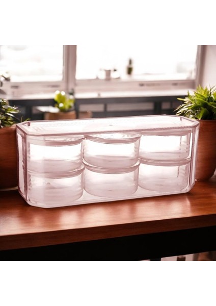 Parça Plastik Kahvaltılık Kuruyemişlik Saklama Kabı Set, 28 x 10 x 11 cm Saklama Kutusu, 6 Adet Vakum Kapaklı Kap, Pembe