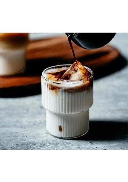 Origami Dayanıklı Çizgili Desenli Cam Kahve Çay Sunum Bardağı