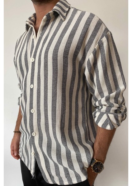 Gri Oversize Çizgili Keten Gömlek