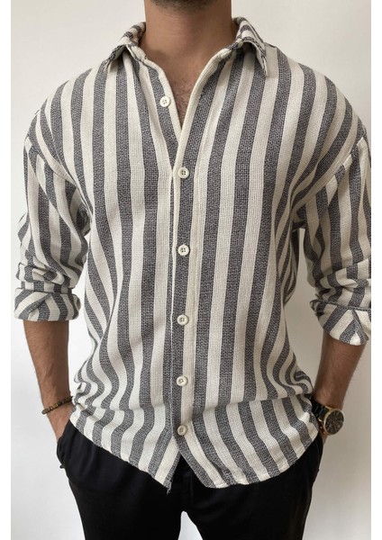 Gri Oversize Çizgili Keten Gömlek fiyatları