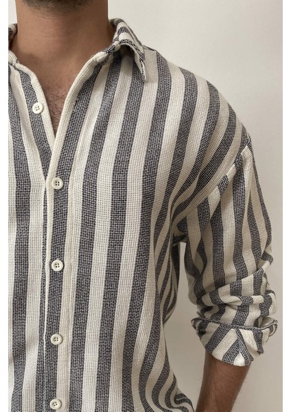 Gri Oversize Çizgili Keten Gömlek modelleri