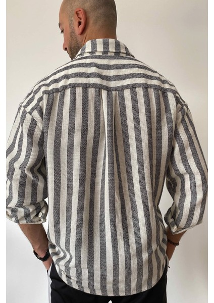 Gri Oversize Çizgili Keten Gömlek fırsatları