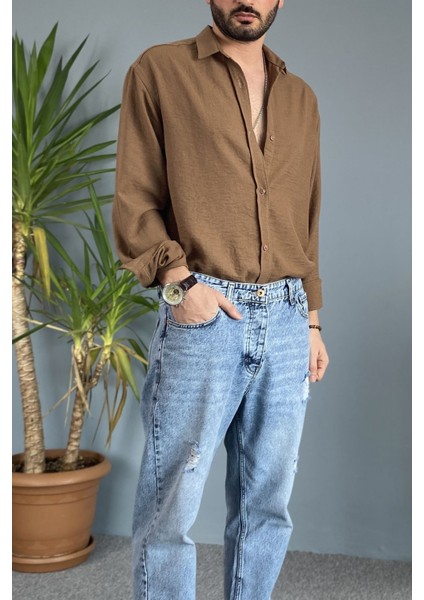 %100 Pamuk Oversize Uzun Kollu Keten Gömlek