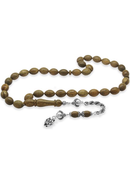 925 Ayar Gümüş Halat Zincir Püsküllü Arpa Kesim Açık Kahverengi Pelesenk Tesbih