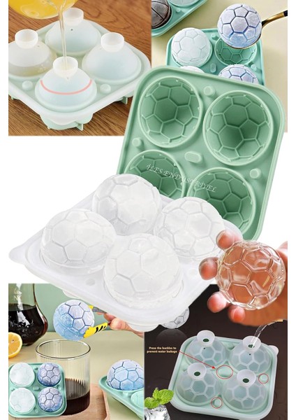 Chef Silikon Futbol Topu Büyük Boy 4 Bölmeli Buz Kalıbı, Kapaklı, Yeşil