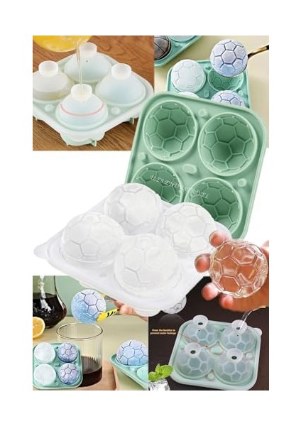 Chef Silikon Futbol Topu Büyük Boy 4 Bölmeli Buz Kalıbı, Kapaklı, Yeşil modelleri