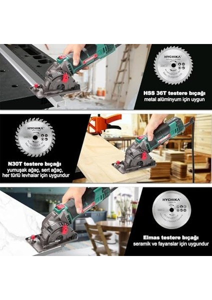 Mini Daire Testere, 3 Testere Bıçaklı El Testeresi, Kılavuzu, Ölçek Cetveli, 500 W Saf Bakır Motor, 4500 Devir/dakika, Ahşap, Yumuşak Metal, ve Plastik Kesimler Için Ideal modelleri