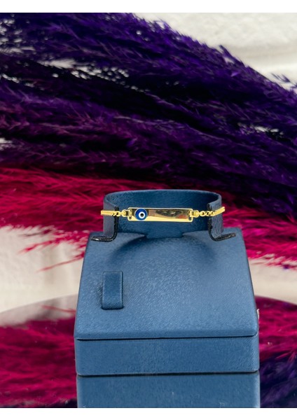 925 Ayar Gümüş Gold Renk Nazar Boncuklu Isim Yazılabilir Kız & Erkek Bebek Künye – Kişiye Özel Gümüş Çocuk Bileklik