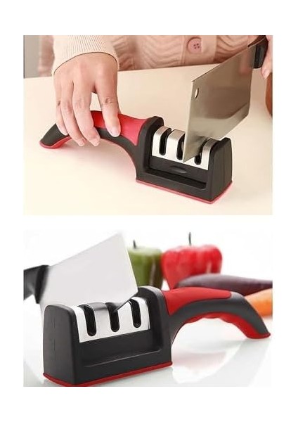 3 Aşamalı Profesyonel Bıçak Bileyici, Ergonomik Tutma Saplı, Siyah-Kırmızı modelleri