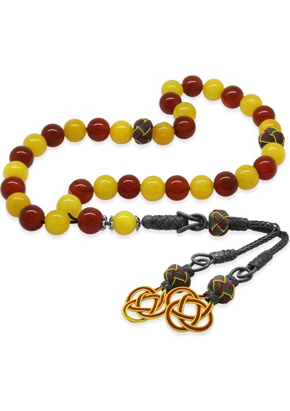 1000 Ayar Gümüş Kazaz Püsküllü Küre Kesim Sarı Kırmızı Jade Akik Doğaltaş Taraftar Tesbih