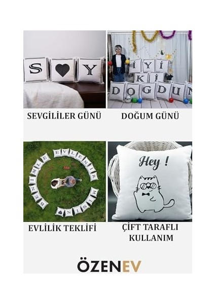 Harfli Kırlent Kılıfı Kadife 43X43 cm Çift Taraflı A Harfi Kedi Desenli Evlilik Teklifi Doğum Günü fiyatları