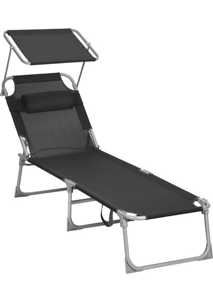 GCB192B01 Şezlong, Baş Destekli Rahatlama Şezlongu, Sırtlık ve Güneş Şemsiyesi, Eğilebilir, Hafif, Katlanabilir, 53 x 193 x 29,5 Cm, Taşıma Kapasitesi 150 Kg, Bahçe, Siyah