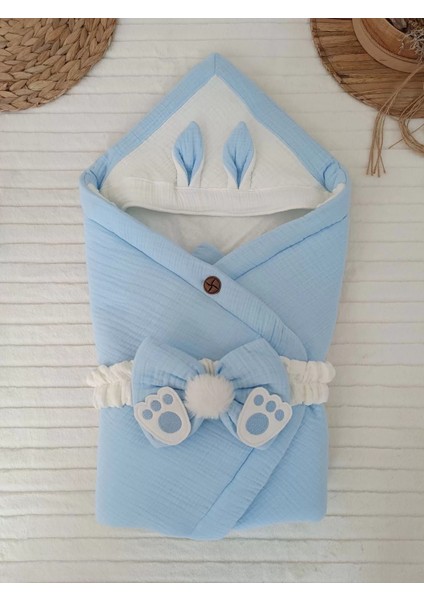 Yenidoğan 4 Kat Müslin Kumaş Kulaklı Patili Fiyonk Bebek Battaniyesi Kundak Mavi