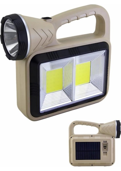 Solar Güneş Enerjili Şarjlı LED El – 3W Ön Led, 2 Yan Cob, 16 Arka Smd, 1000 Lümen, 2400 Mah Powerbank, Type-C ve Solar Şarjlı Çok Modlu Işık