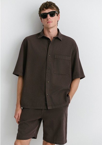 Keten Karışımlı Kahverengi Gömlek 0211559-86683