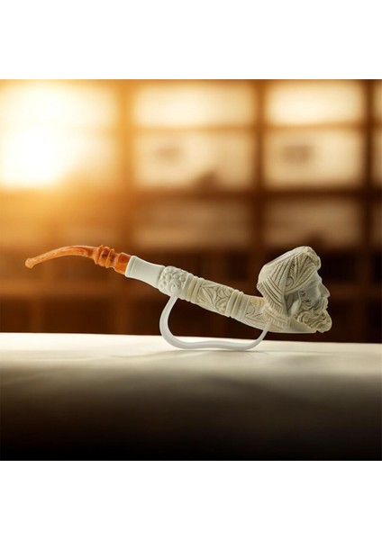 El Oyması Lületaşı Pipo – Sultan Figürlü, Amber Ağızlık, Kutulu (23 Cm)