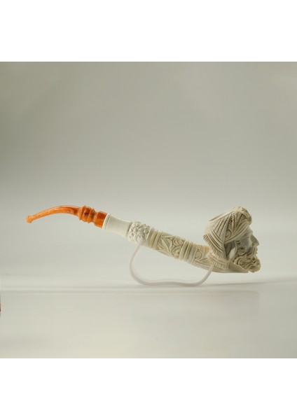 El Oyması Lületaşı Pipo – Sultan Figürlü, Amber Ağızlık, Kutulu (23 Cm)