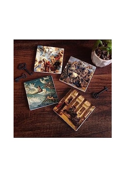 Bir Roma Sanat Aşığı, Ruhların Geçişi, Anghiari Savaşı, Aziz Üçlemesi Taş Altlığı Seti - 4 Parça - Dekoratif, Mutfak Aksesuarı, 10X10 Cm, Kaydırmaz Tabanlı SC116 modelleri