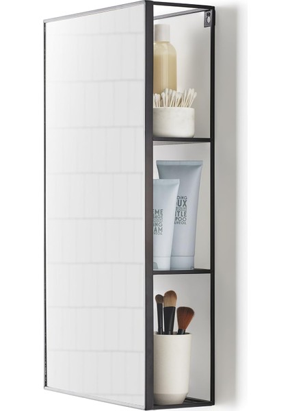 Cubiko 24X12 Inç Dikdörtgen Siyah Metal Aynası Depolama Dolabı 3 Raflı