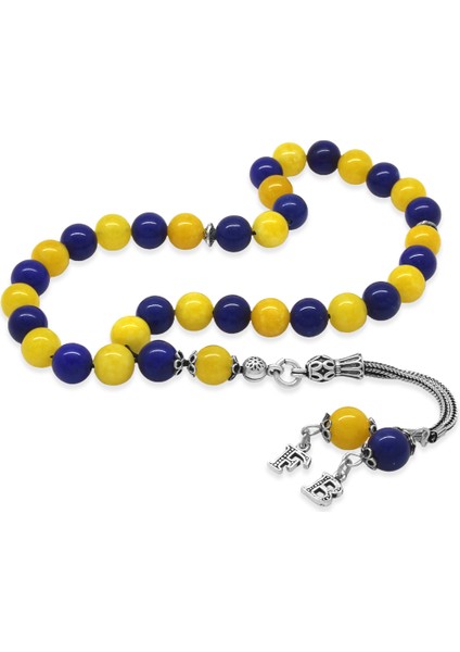 925 Ayar Gümüş Isme Özel Harf Püsküllü Küre Kesim Sarı Lacivert Jade Doğaltaş Taraftar Tesbih