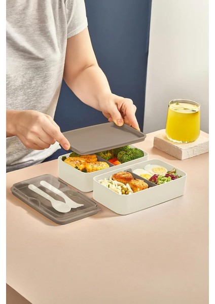 2 Katlı Ayarlanabilir Dikdörtgen Beslenme Kabı - Çatal Kaşık Servisli Yemek Saklama Kutusu Bej (NKS156)