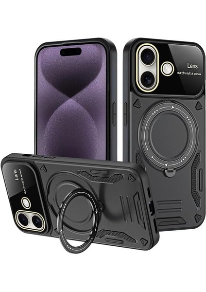 Ggm Aksesuar 16 ile Uyumlu Joy Lens Kamera Korumalı Entegre Standlı Kılıf (Siyah)