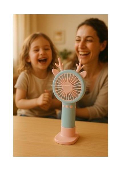 Geyik Boynuzlu Mini El Fanı, 20 cm Taşınabilir Şarjlı Masaüstü Fan, Tek Kademeli Hız, Kompakt Fan Tasarımı, 7 cm Çaplı, USB Şarjlı, Çocuklar Için Uygun modelleri