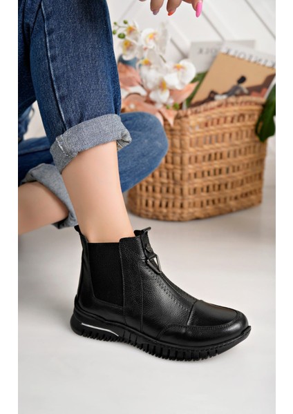 Hakiki Deri Siyah Kadın Günlük Kısa Bot