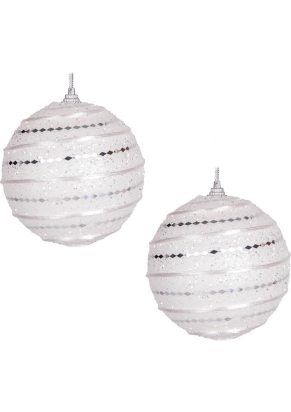 Yılbaşı Topu Gümüş Desenli 2&apos;li Paket Beyaz 9 Cm.