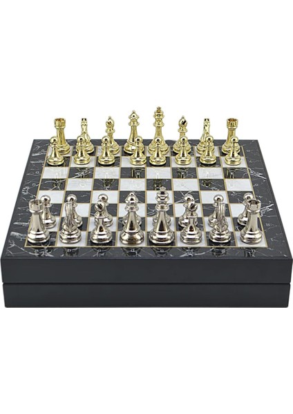 Büyük Boy Metal Klasik Satranç Tk. Parlak ve Mermer Desenli Sandıklı Mdf TAHTASI(36X36X6 Cm.)