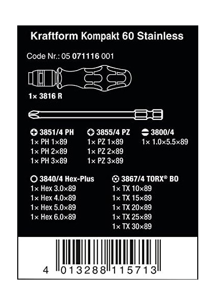05071116001 Kompakt 60 Paslanmaz Tornavida Seti modelleri