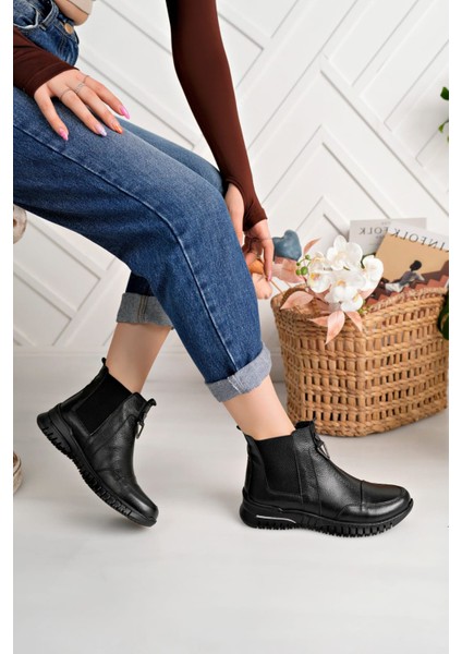 Hakiki Deri Siyah Kadın Günlük Kısa Bot