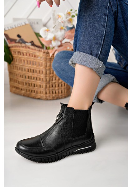 Hakiki Deri Siyah Kadın Günlük Kısa Bot