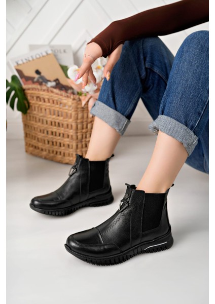 Hakiki Deri Siyah Kadın Günlük Kısa Bot