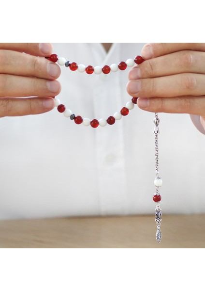 Kararmaz Metal Arnavut Püsküllü Küre Kesim Kırmızı Beyaz Jade Akik Doğaltaş Taraftar Tesbih M1 modelleri