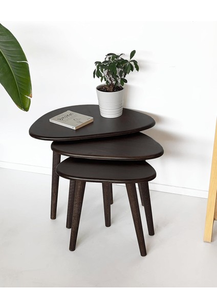 Masif Ahşap Damla Sehpa Seti - 3&apos;lü Zigon Set Modern ve Minimalist Sehpa Takımı (Yan Sehpa, Orta Sehpa, Dekoratif Sehpa)&apos;&apos; (Ceviz)