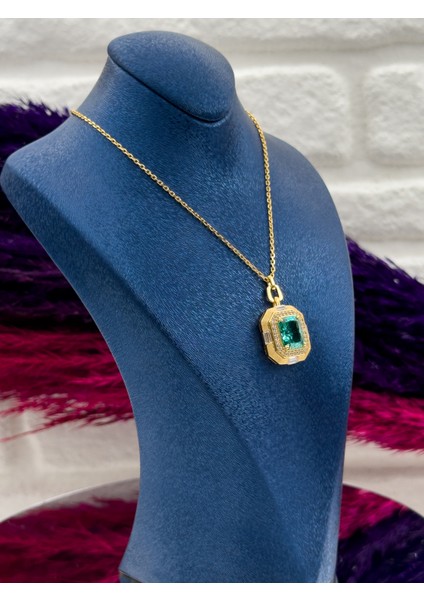 925 Ayar Gümüş Italyan Tasarım Zümrüt Taşlı Zarif Kadın Kolye