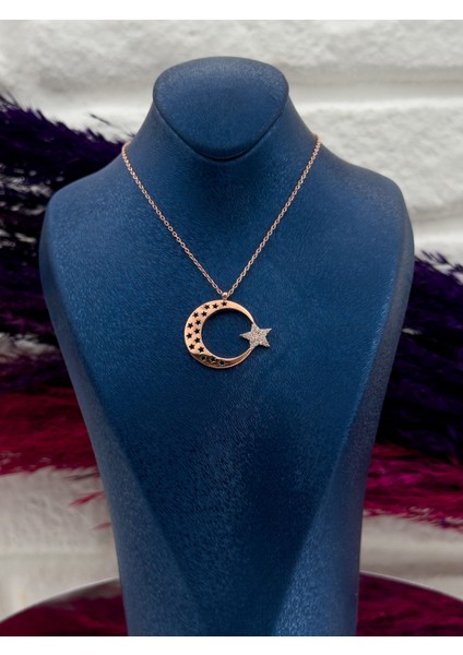 925 Ayar Gümüş Rose Renk Ayyıldız Modeli Lüks Kadın Kolye