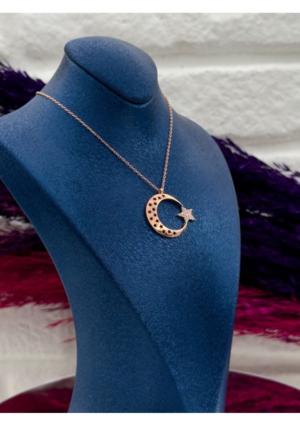 925 Ayar Gümüş Rose Renk Ayyıldız Modeli Lüks Kadın Kolye fiyatları