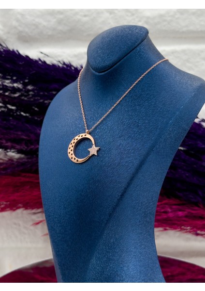 925 Ayar Gümüş Rose Renk Ayyıldız Modeli Lüks Kadın Kolye modelleri